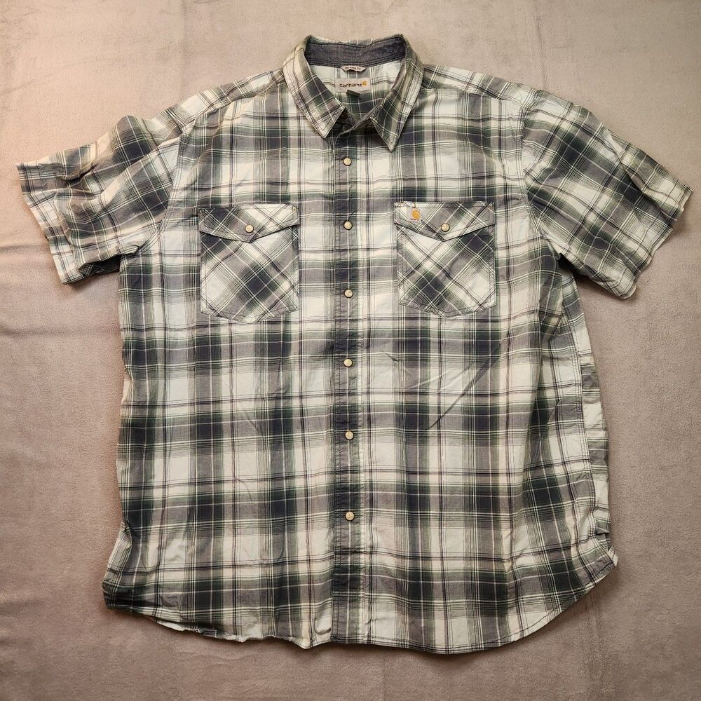 Carhartt Pearl‎ Snap Shirt Men's 2XL Plaid Relaxed Fit Short Sleeve Pockets